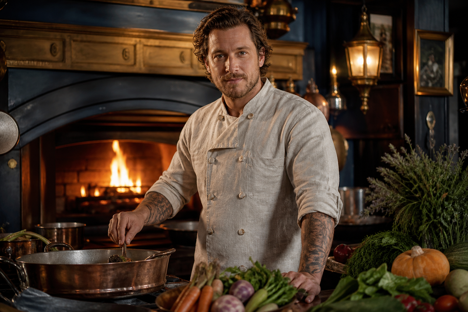 A chef at a wood-fire hearth with copper pot and the day’s harvest on the board.