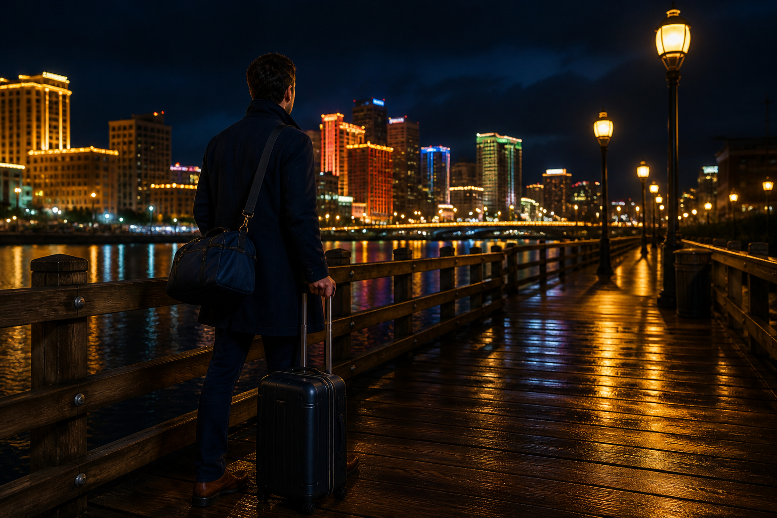 A traveler with bags on a night gangway, looking across the water toward a lit downtown.