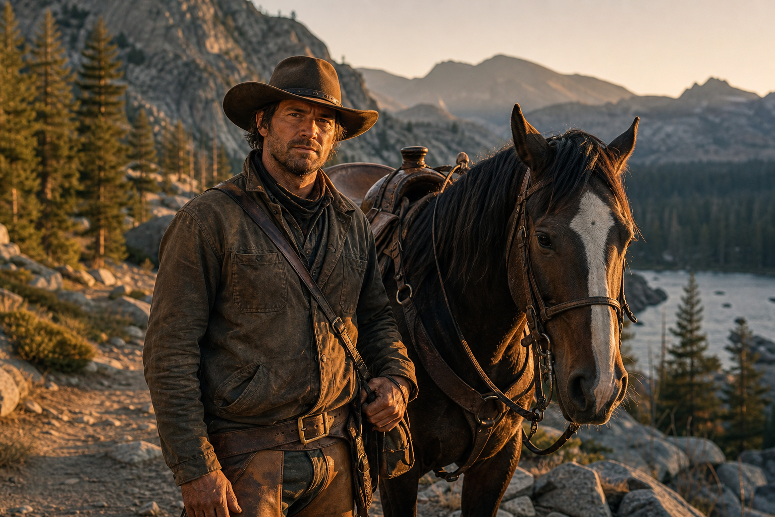 An outfitter in hat and canvas jacket holding a saddled horse at gold hour in high country.