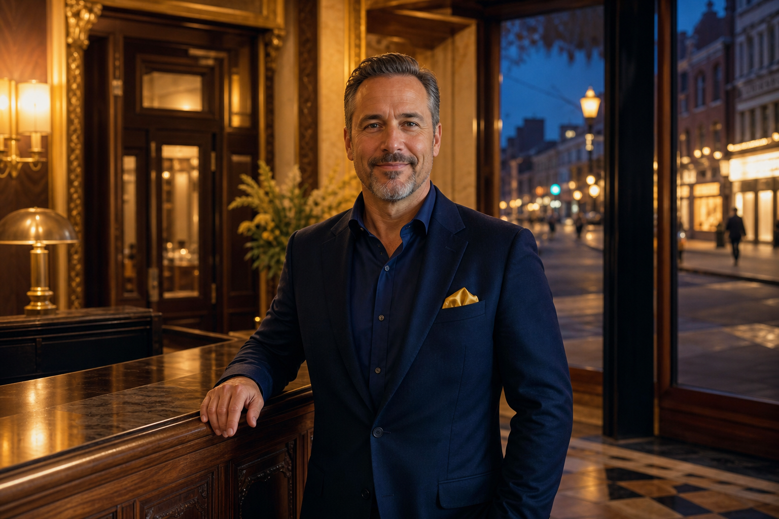 A downtown host at a gold-lit lobby desk, looking toward you as evening fills the street outside.