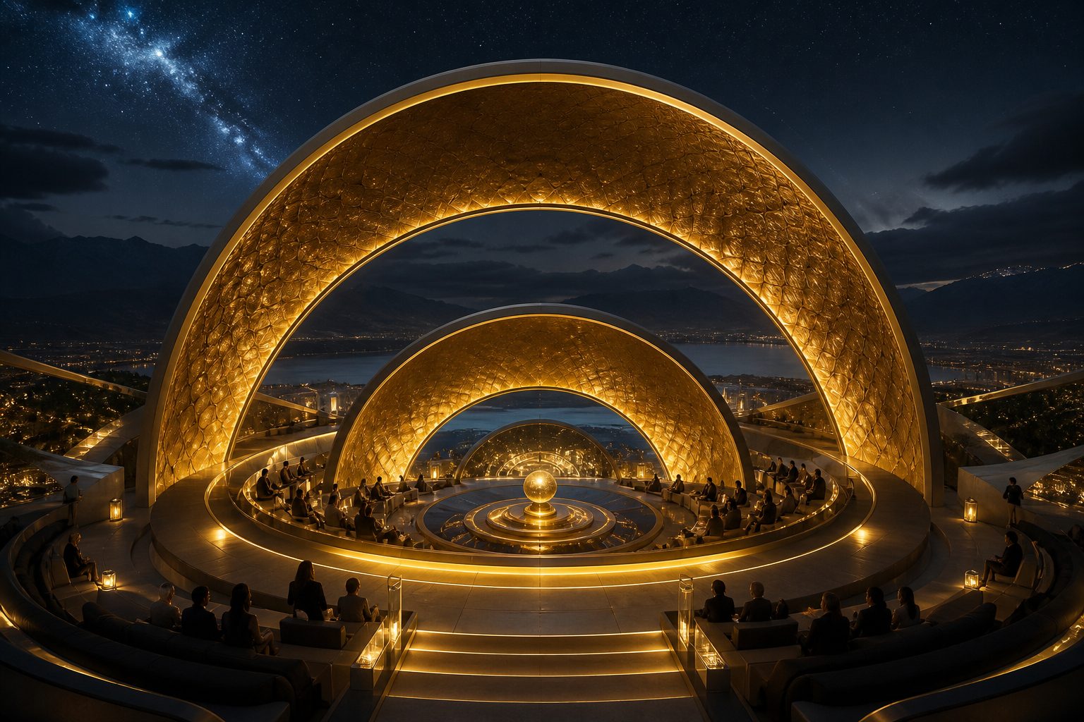 Nested gold amphitheater spheres with guests under a night sky
