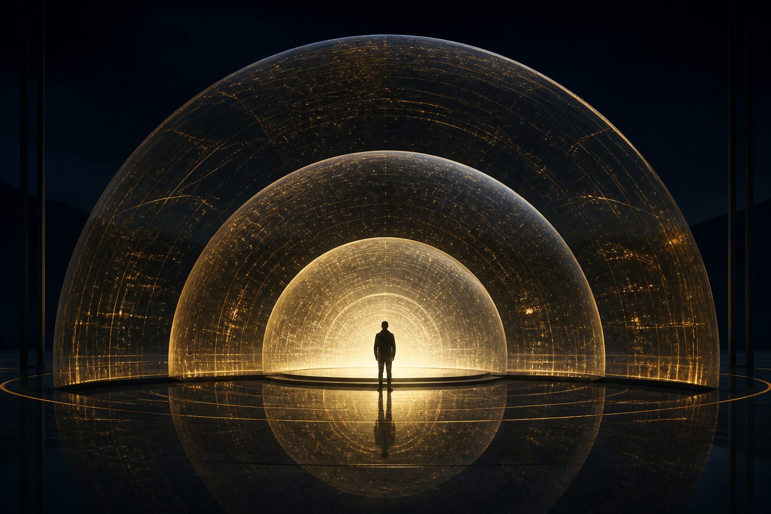 Male silhouette standing at the still center of nested gold spheres
