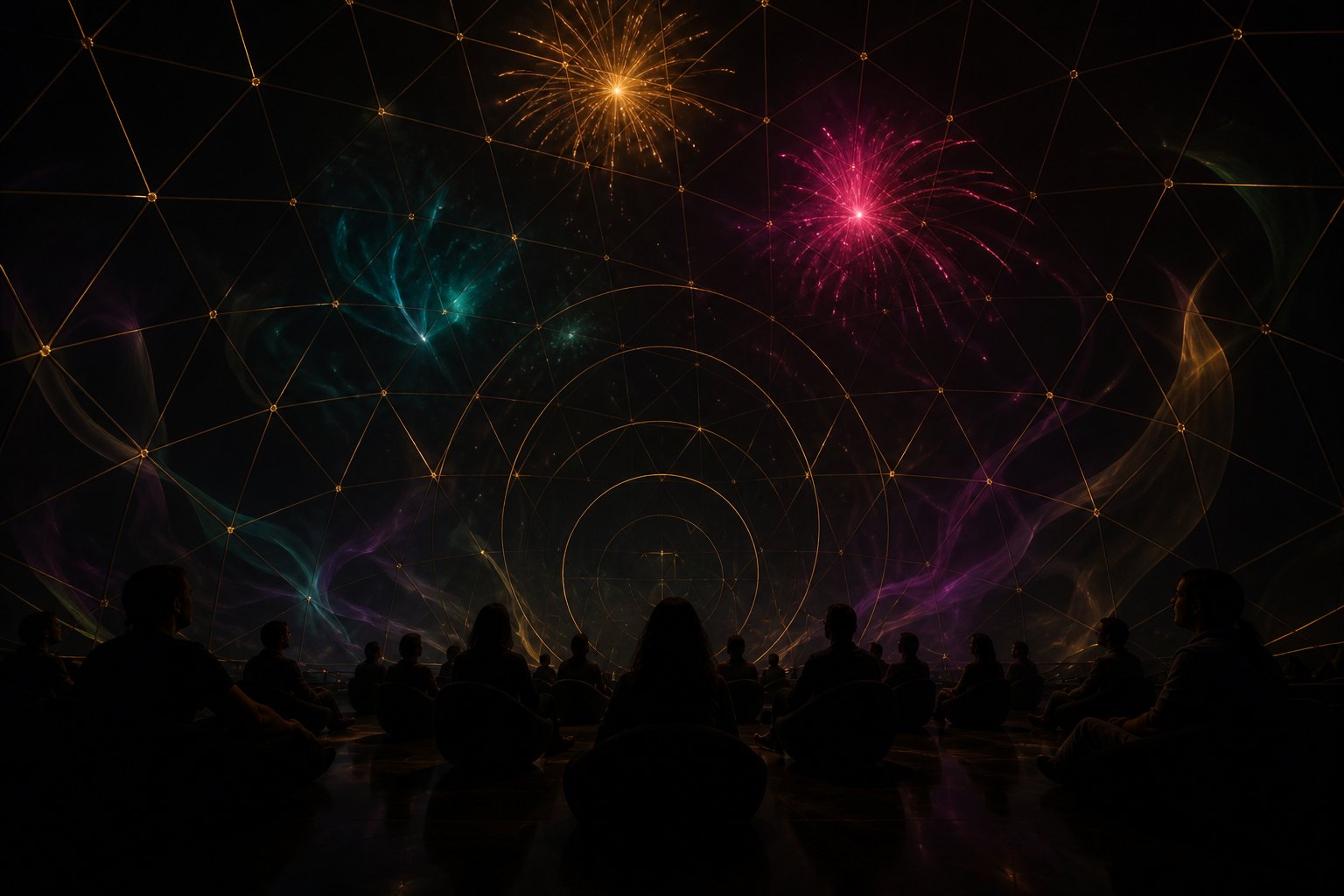 Dark gold sphere interior with fireworks bursts over a small seated audience