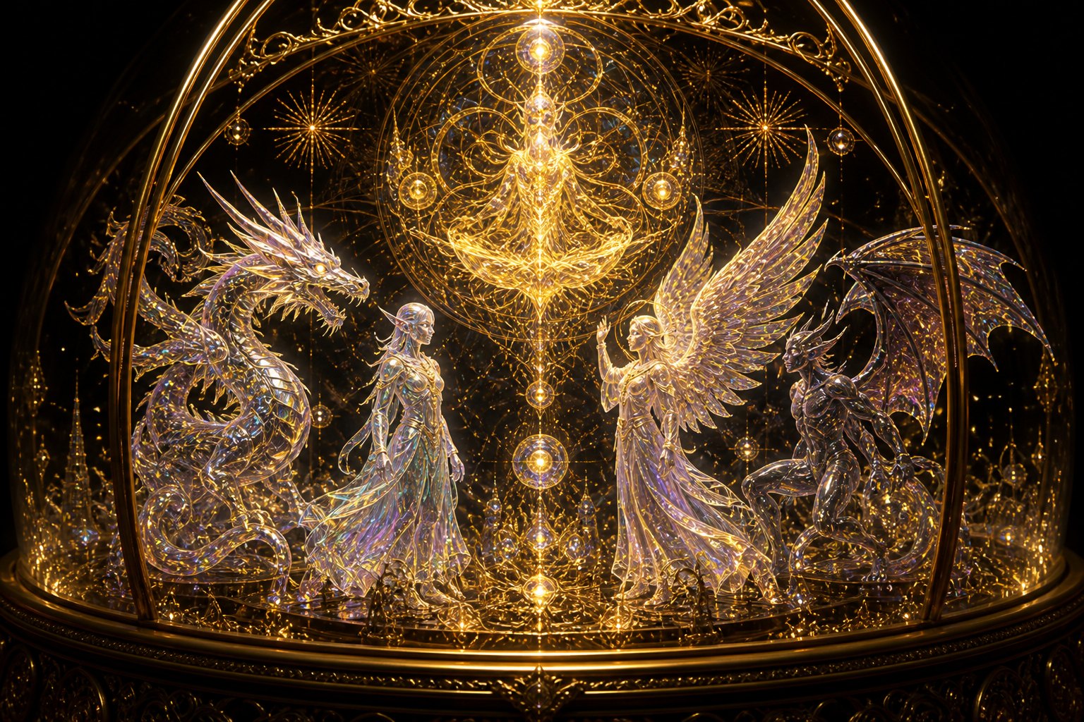 Holographic figures of dragon, elf, angel, and luminous beings in a dark gold dome