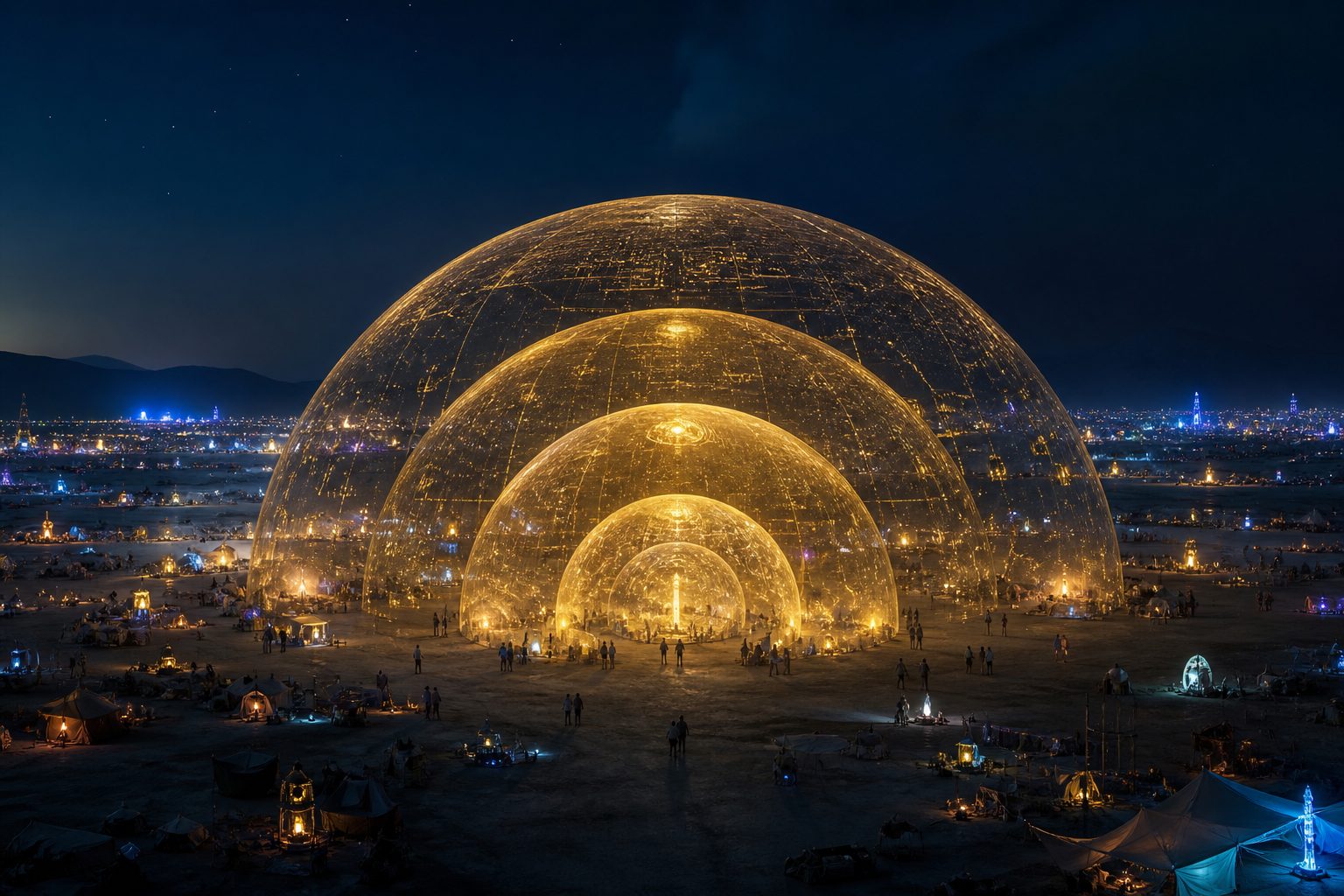 Wide night still of nested gold hemispheres on a dark playa with guests