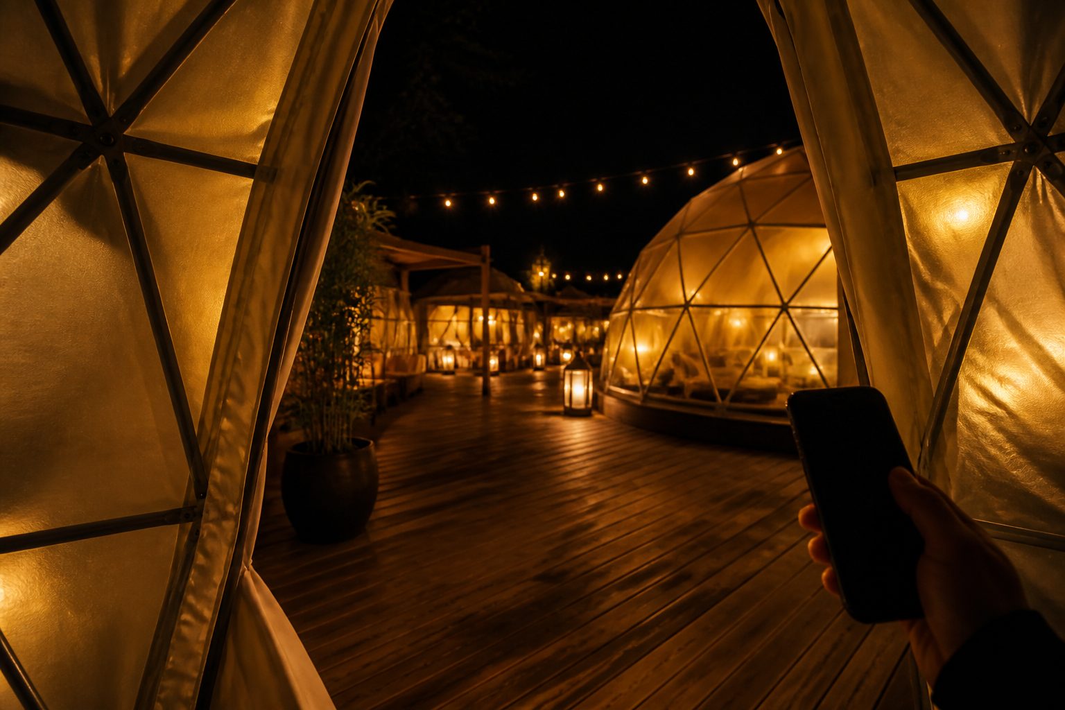 First-person step through a gold-lit dome doorway onto a wooden floor