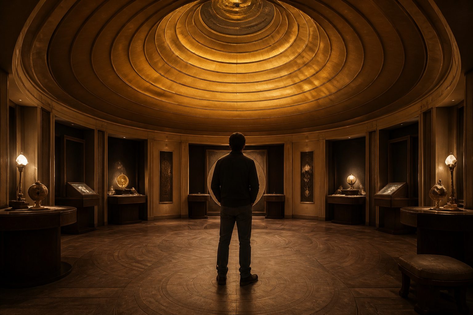Interior still of a walk-in gold dome with a standing silhouette