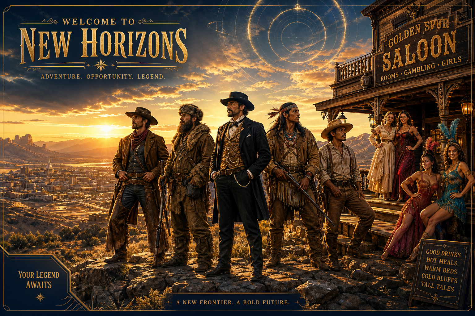 Male frontiersmen in varied old-school frontier outfits on a desert ridge — hostesses and saloon dancers in the background