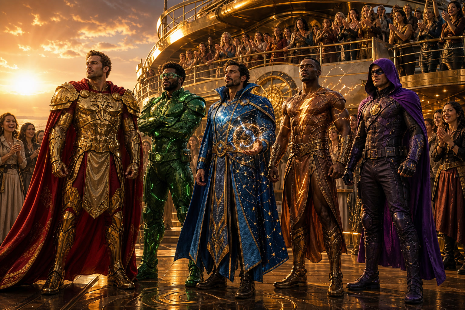 Five men in unique individual superhero costumes — not matching uniforms — with women NPC fans cheering aboard the gold ship