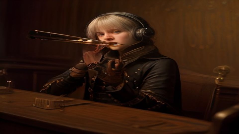 J.S. Bach with modern headphones holographically hosting Front Desk check-in instruments