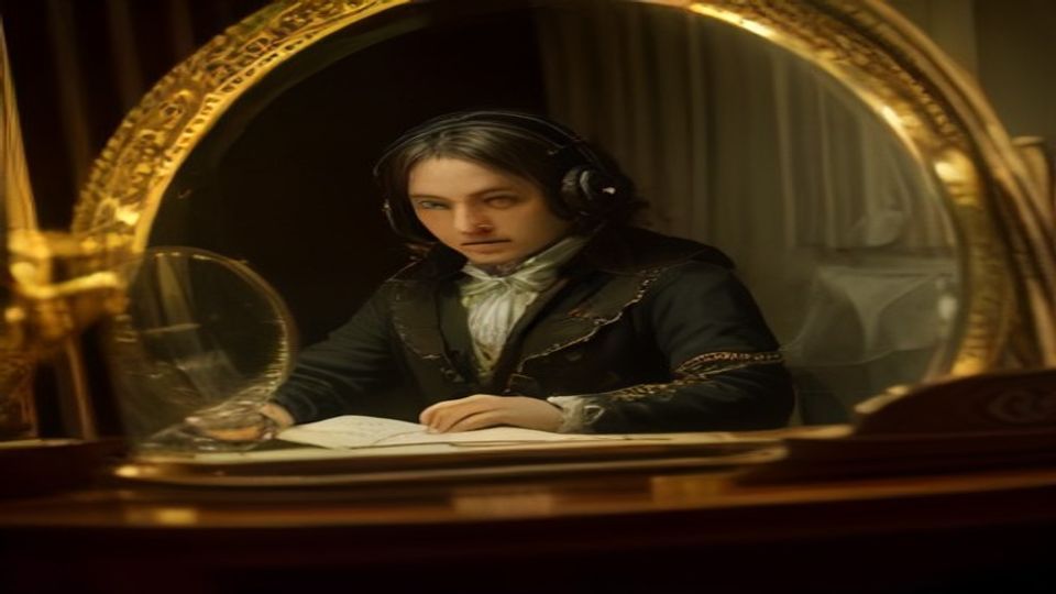 Harp instrument with J.S. Bach conducting — light and mirror