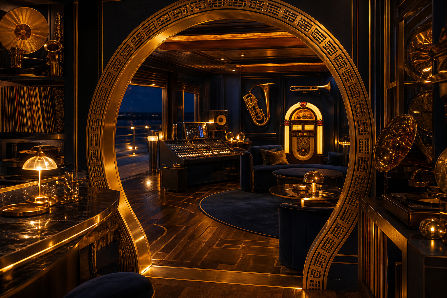 Gold-lit Bachdoor speakeasy with jukebox, vinyl, and a small music lab