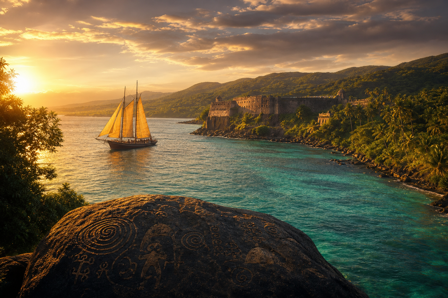 Caribbean gold-hour sail toward a Puerto Rican shore and colonial fort walls