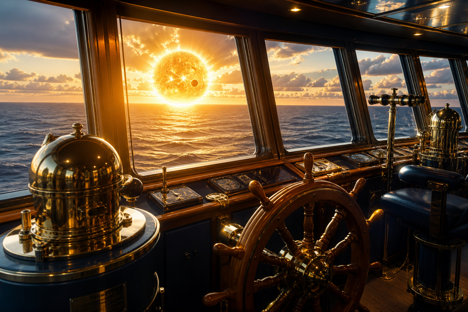 Ship navigation bridge at dawn looking onto a gold sun over navy sea
