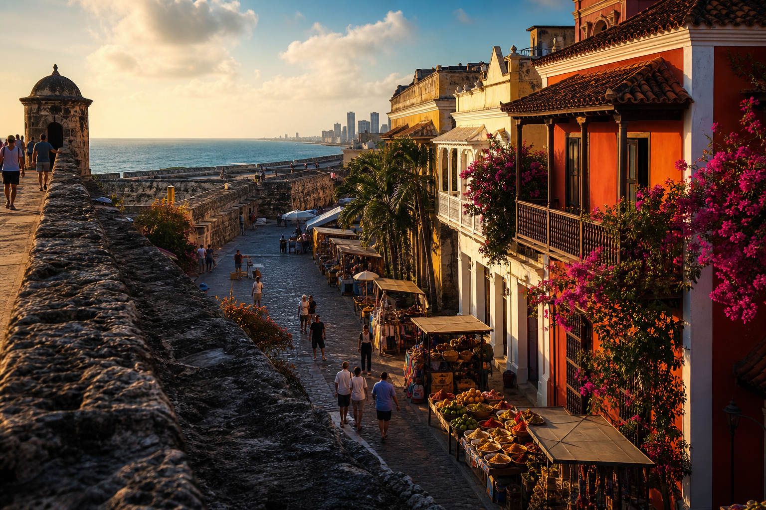Cartagena walled city in gold light, colonial stone and Caribbean color