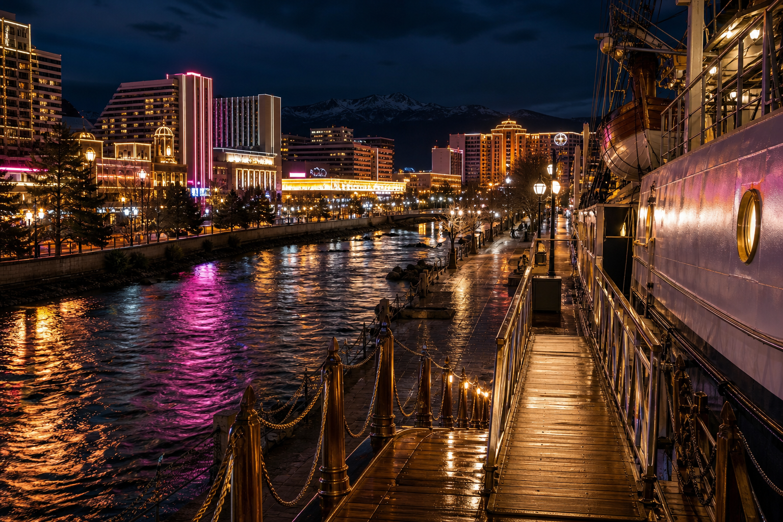 Night gangway at downtown Reno on the Truckee with gold neon on the river walk