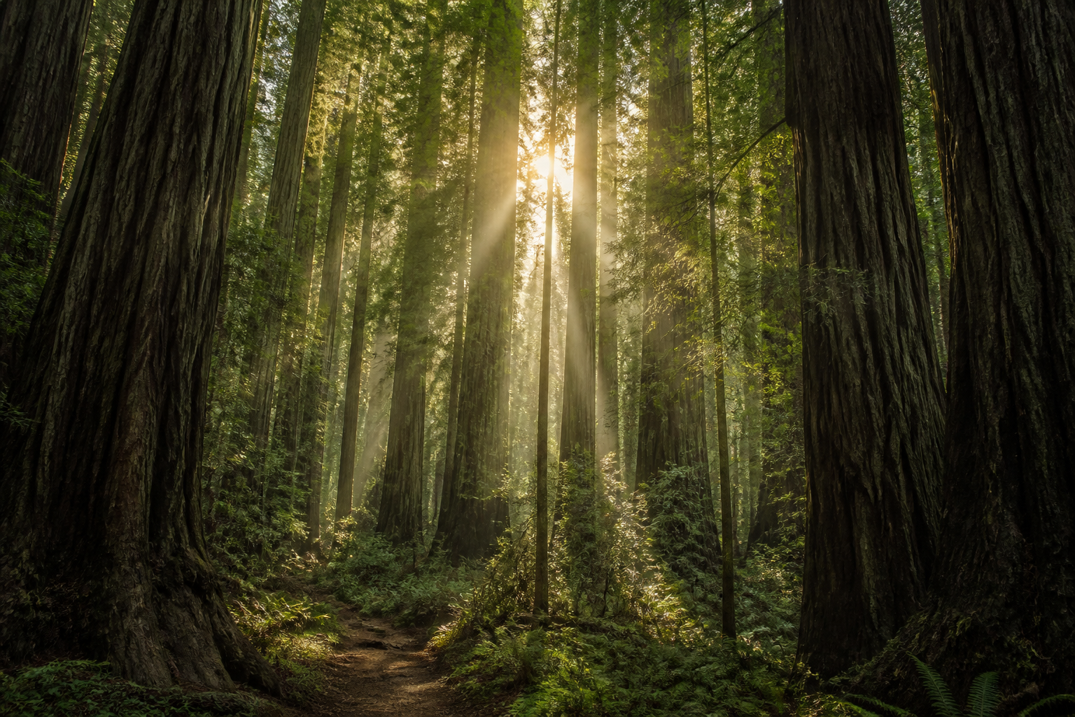 Cathedral redwood trunks with gold-green light through the canopy