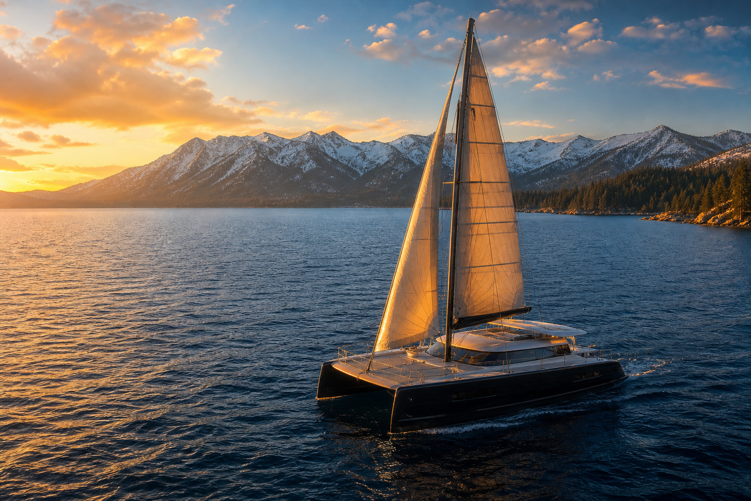 Gold-hour catamaran on Lake Tahoe with Sierra peaks around the basin