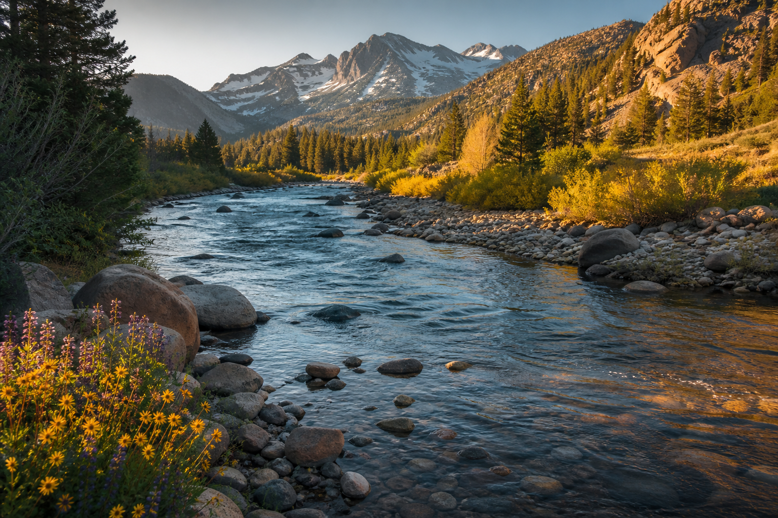 Truckee River through High Sierra pine and granite in late-day light
