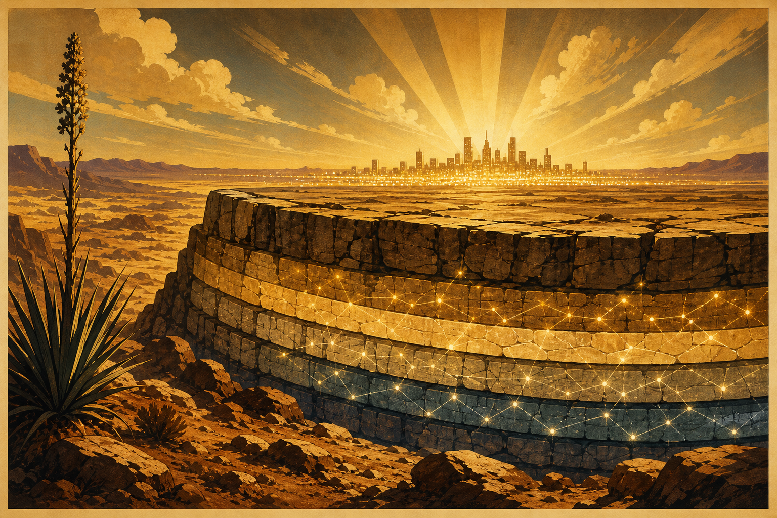 Desert bedrock and distant city — Base Mainnet.