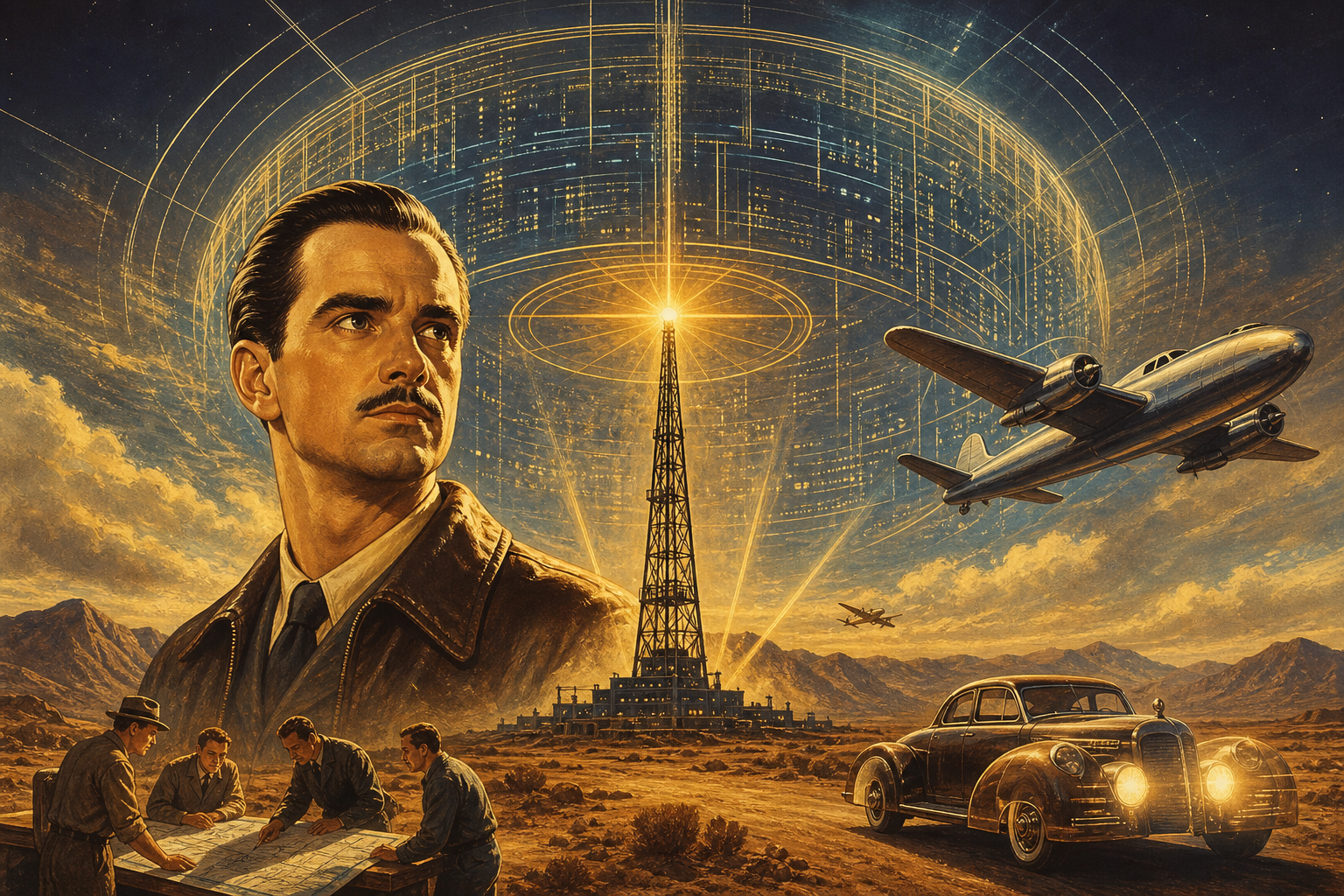 Golden-age marquee glow over desert — holographic code broadcast layer.