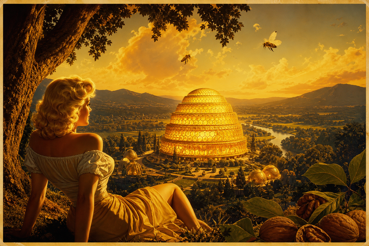 Pulp poster: golden beehive light over Holographic Goldilocks AI Valley — Syntheverse residency layer.
