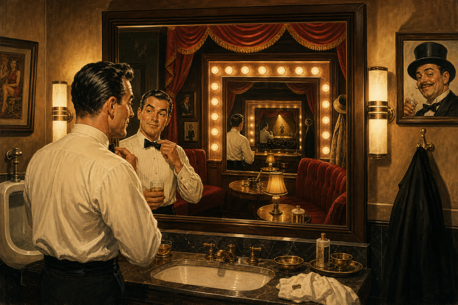 Pulp poster: restroom mirror reflecting nested theater — intimate layer of the ship.