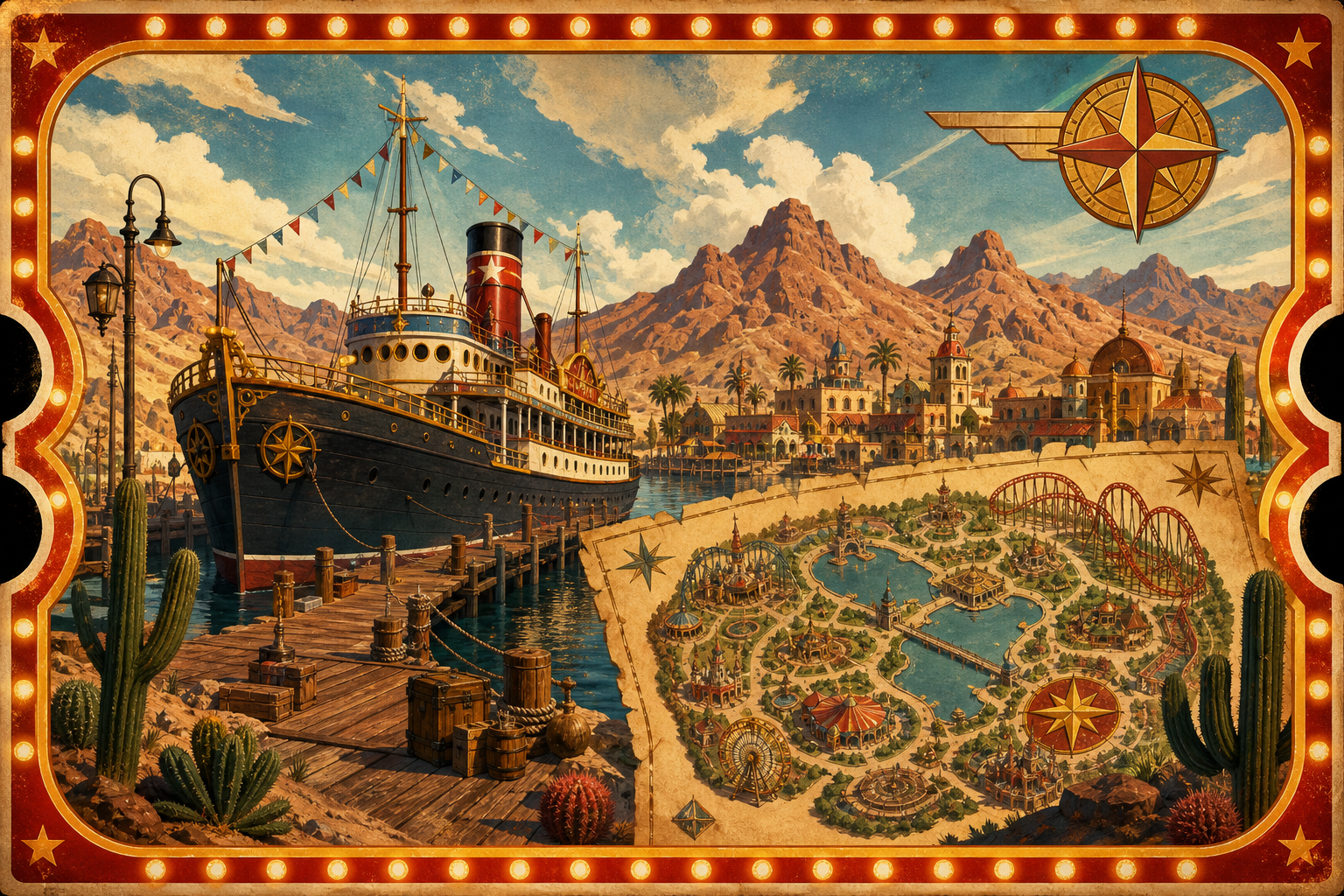 Pulp poster: Puerto Reno desert harbor and QUESTFEST ship at dock.