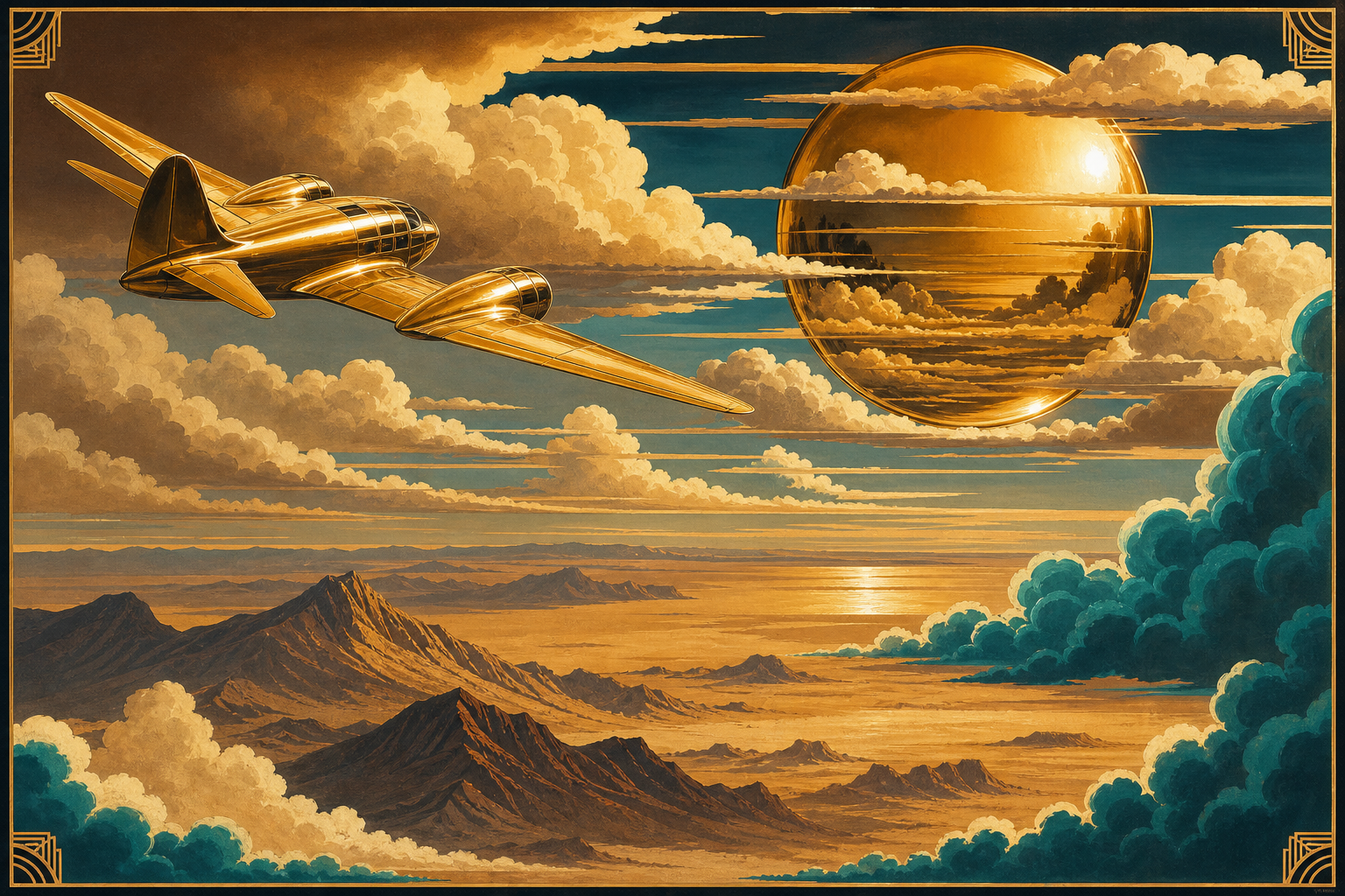 Pulp poster: cloud layers and golden mirror over desert — Sonic Singularity Sing! 13 cloud skin.