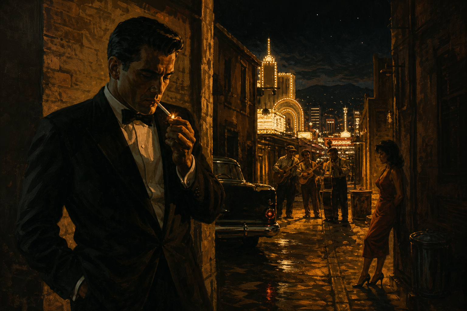 Wrong-side alley and distant strip — Wrong Side of Town.