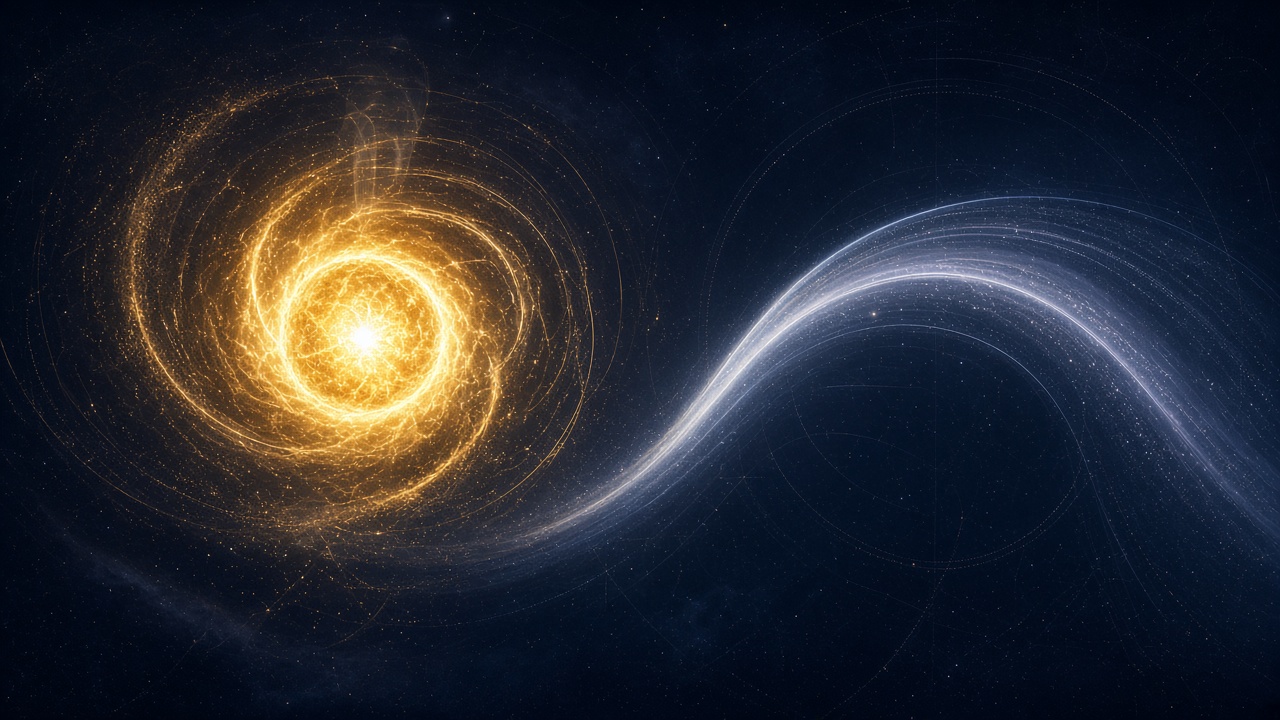 Abstract solar filing: golden core-scaler flare and silver-blue waveguide arc