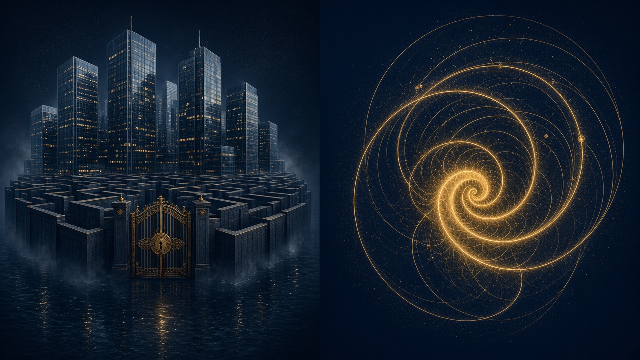 Split plate: corporate compliance maze on the left, nested golden fractal spiral on the right