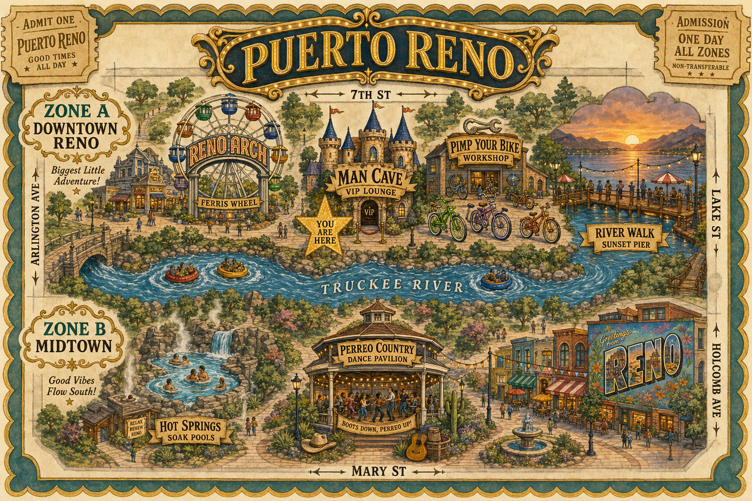 Puerto Reno fairytale park map: Downtown Reno north of Truckee River; Midtown south to Mary Street at the bottom.