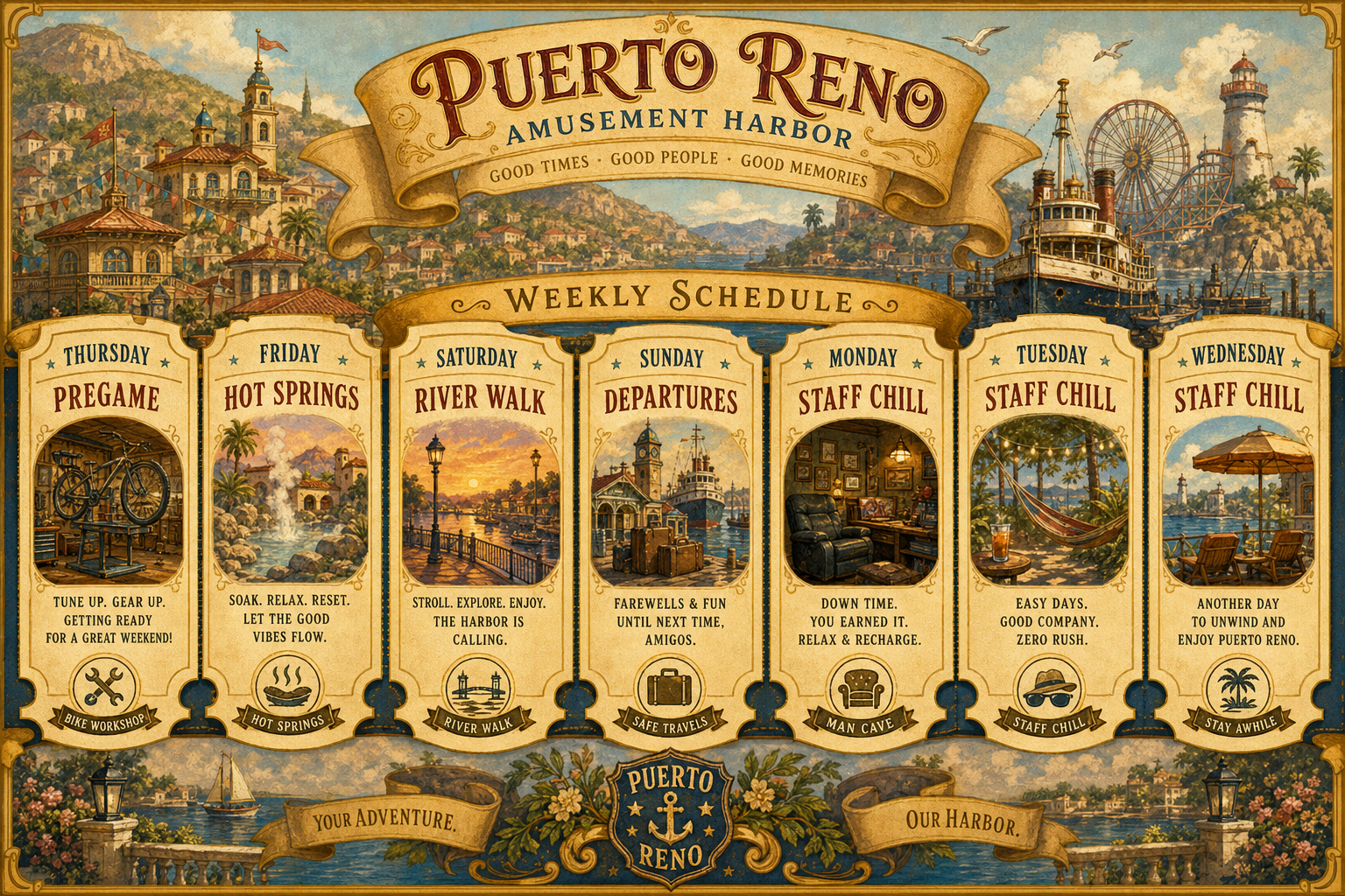 Puerto Reno weekly schedule — fairytale ticket-strip banner, Thu through Sun harbor rhythm.