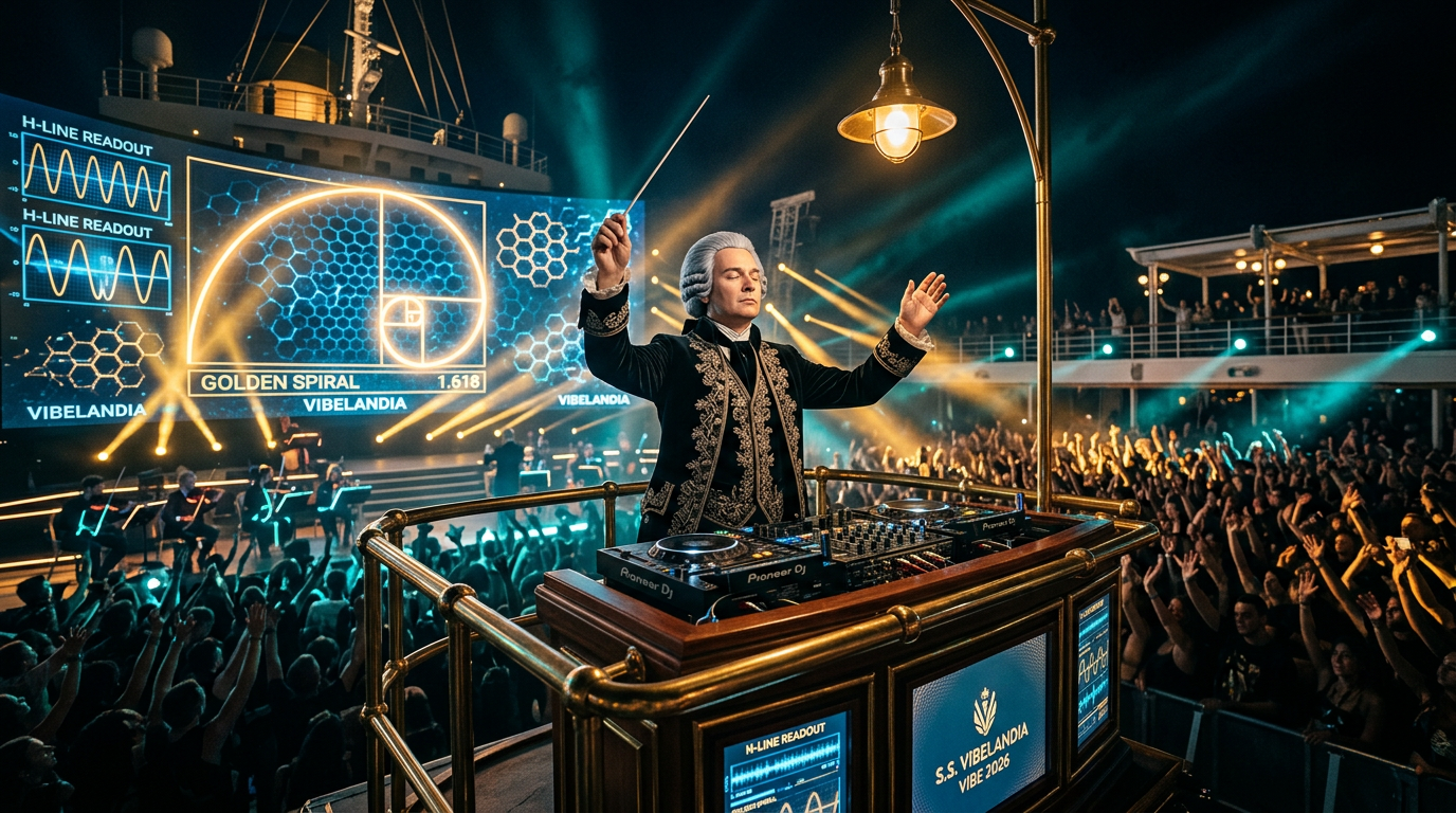 Hero Jo at the conductor podium in Baroque dress, fractal light behind the decks.