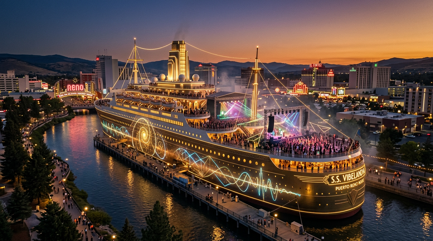 S.S. Vibelandia at Puerto Reno, dusk on the water.