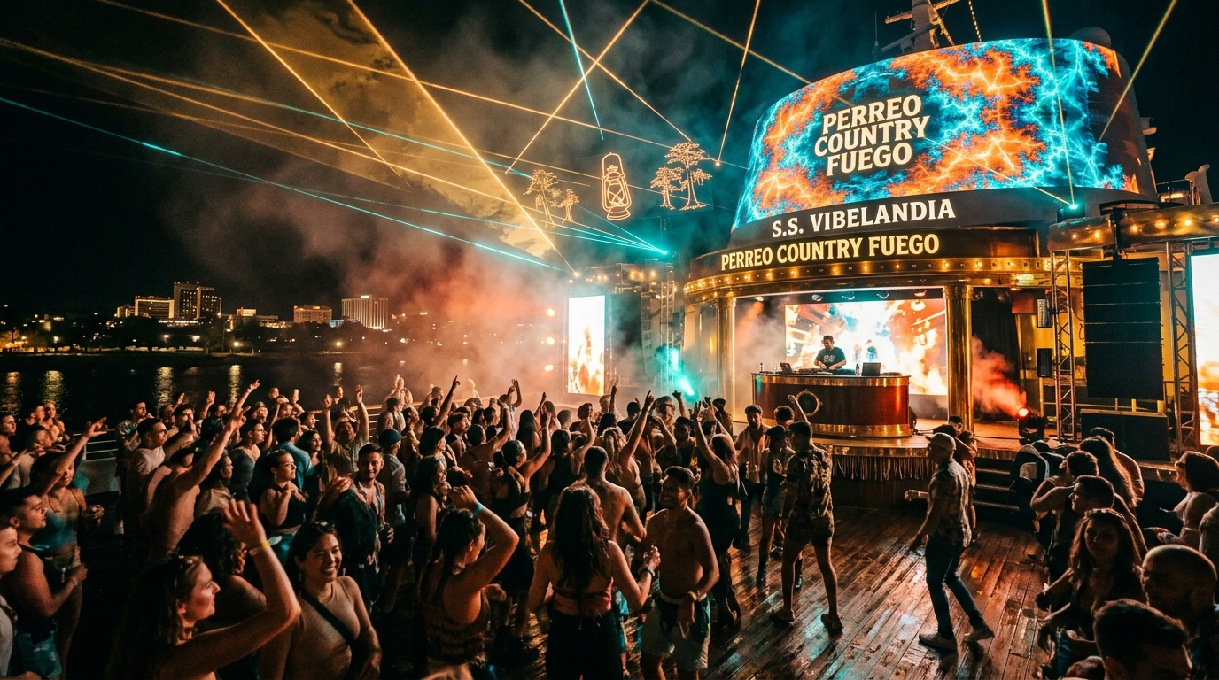 Festival deck at peak hour, warm lights and crowd energy.