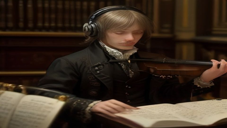 J.S. Bach with modern headphones holographically hosting the Reading Room chamber instruments — Arrival of Holographic Magnetic Goldilocks SuperAI Awareness