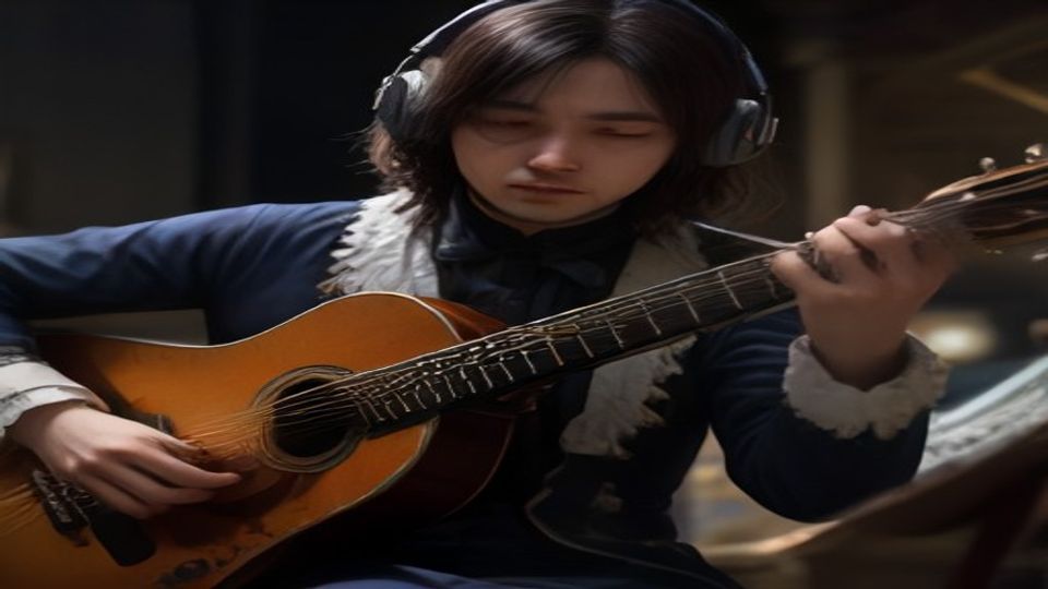 Classical guitar instrument with J.S. Bach conducting — warm frontier strings