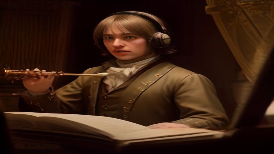Full ensemble instruments with J.S. Bach conducting — grand finale gather