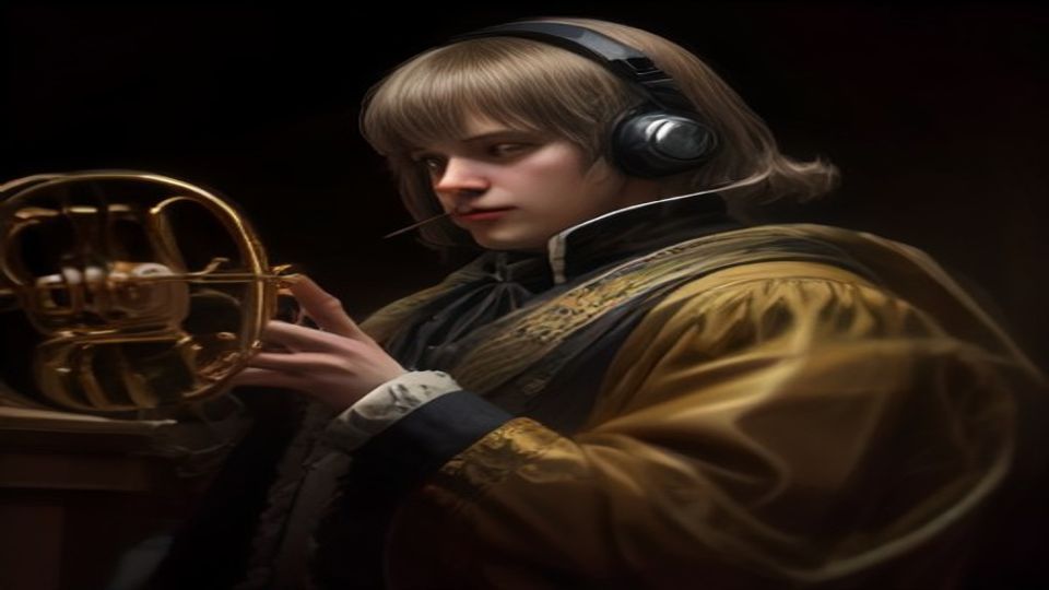 French horn instrument with J.S. Bach conducting — brass herald