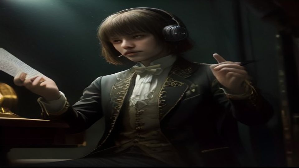 J.S. Bach with modern headphones holographically hosting Wrong Side of Town night instruments