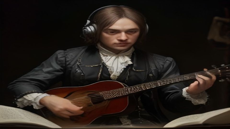 Guitar instrument with J.S. Bach conducting — mezcal y café