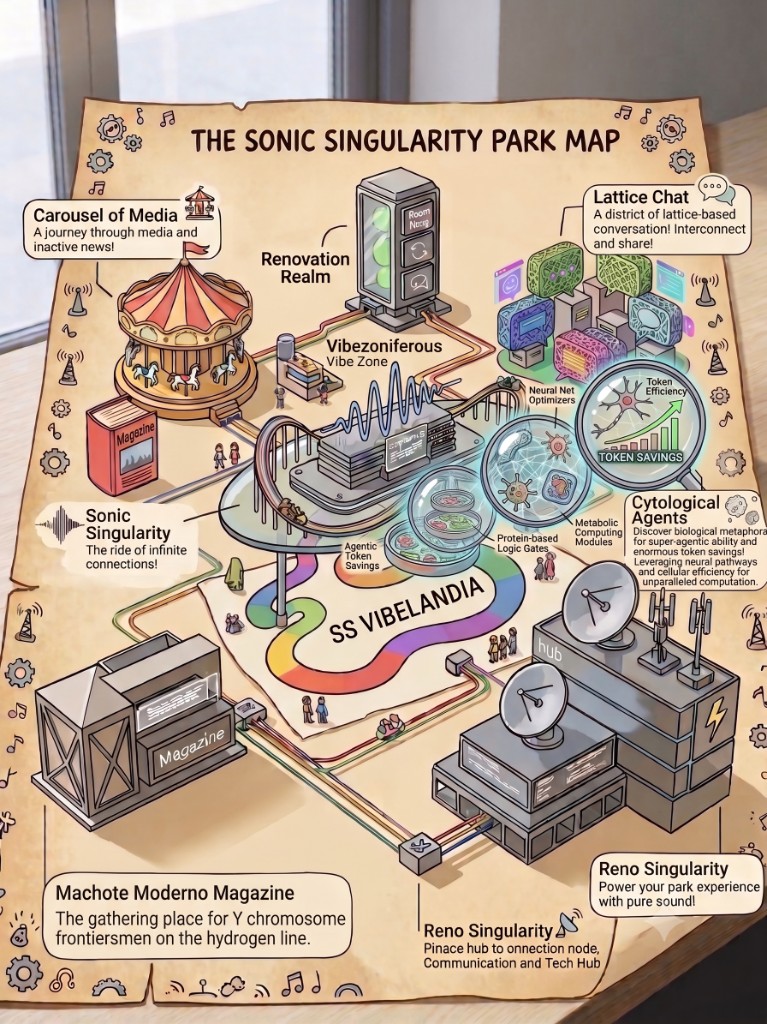 SS Vibelandia ship map — decks for Lattice Chat, Listen, Sonic Singularity, Puerto Reno, and more