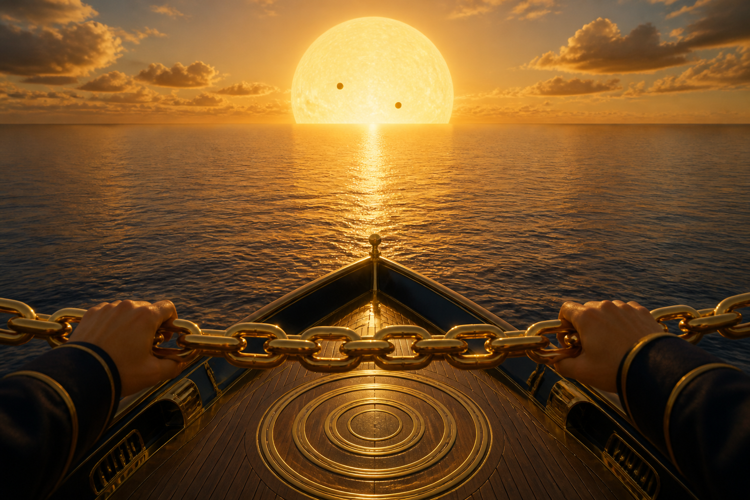 First-person from the bow of SS Vibelandia. Gold chain rail in your hands. El Gran Sol on the horizon over a navy sea.