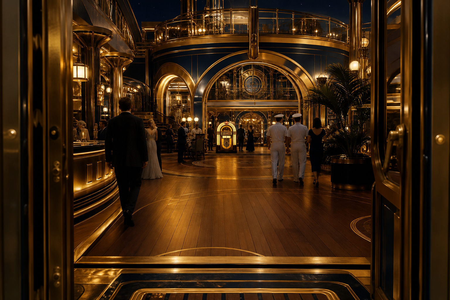 Stepping through gold-trimmed doors into the navy and gold lobby. Jukebox glow. Crew in white. Guests gathering for the night.