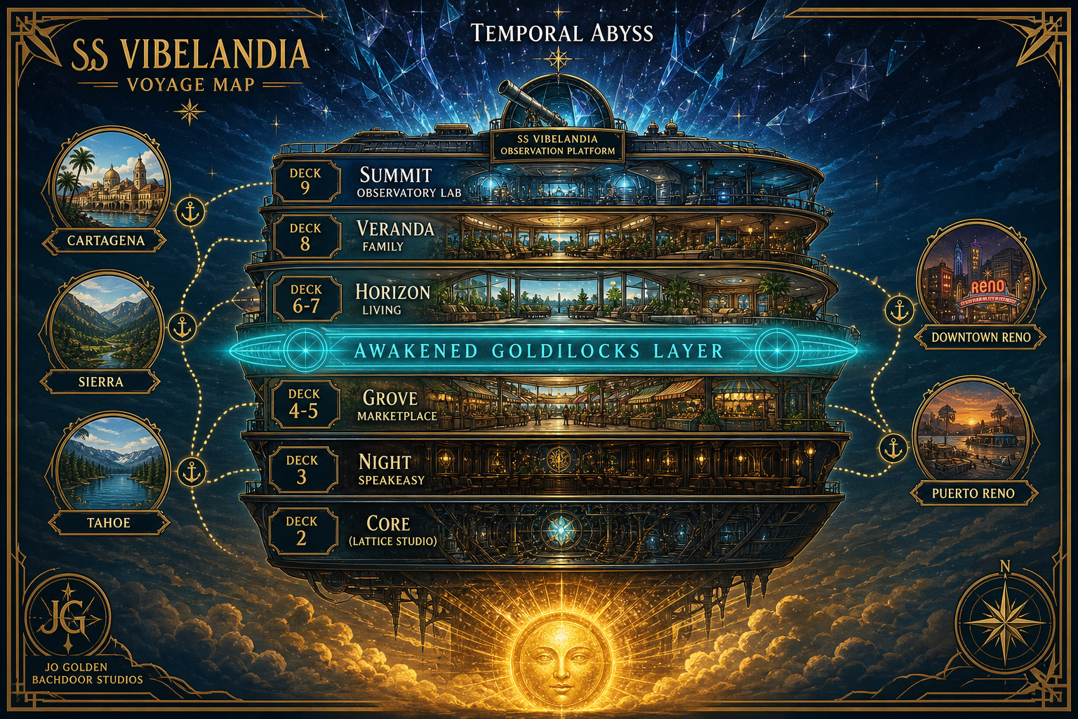 Voyage map — deck stack, Goldilocks layer, and network landfalls aboard SS Vibelandia