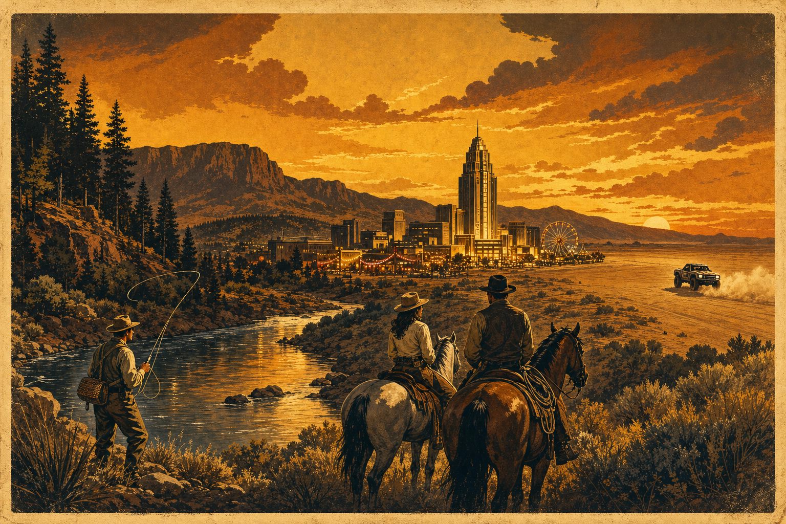 The Commons — Machote Moderno poster: riders and a fly-fisher on the river, the downtown citadel and ferris wheel at dusk, a trophy truck on the distant dry lake.