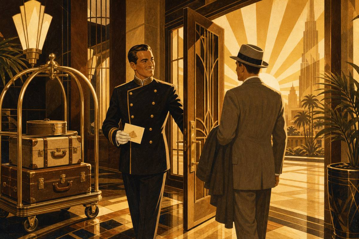 Distinguished valet-assistant opening grand lobby doors for a guest at sunrise, luggage cart at the ready