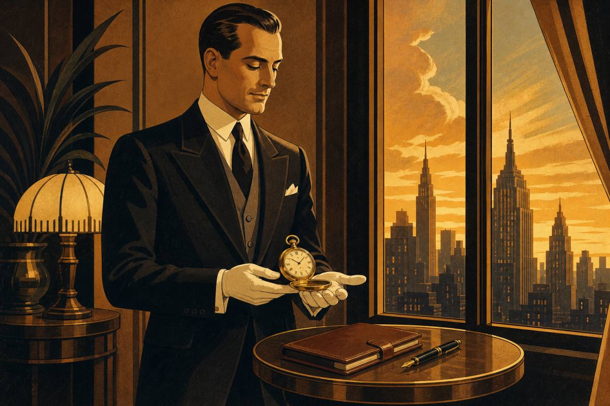 Impeccable concierge holding an open gold pocket watch beside a leather notebook, evening skyline behind